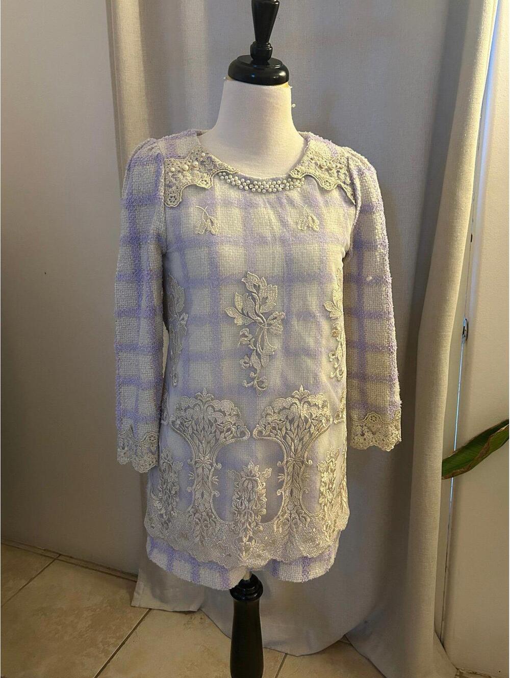 Wonder Party Korea Lavender Tweed Lace Pearl Blouse S/M Fairycore Cottagecore RA
